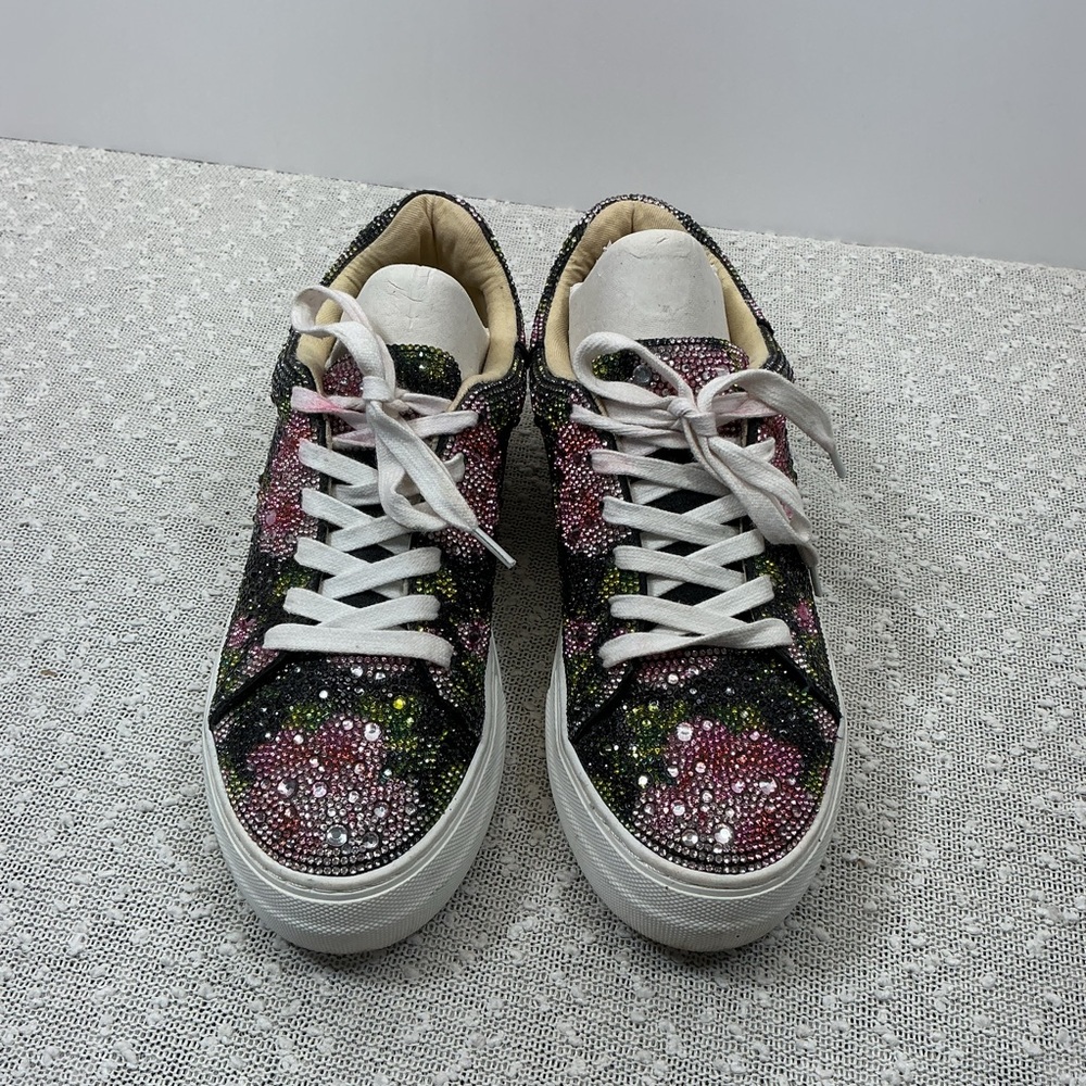 Betsey Johnson Sidny Black Sequin pink Floral Platform Sneakers Shoes size 8 - Picture 3 of 11